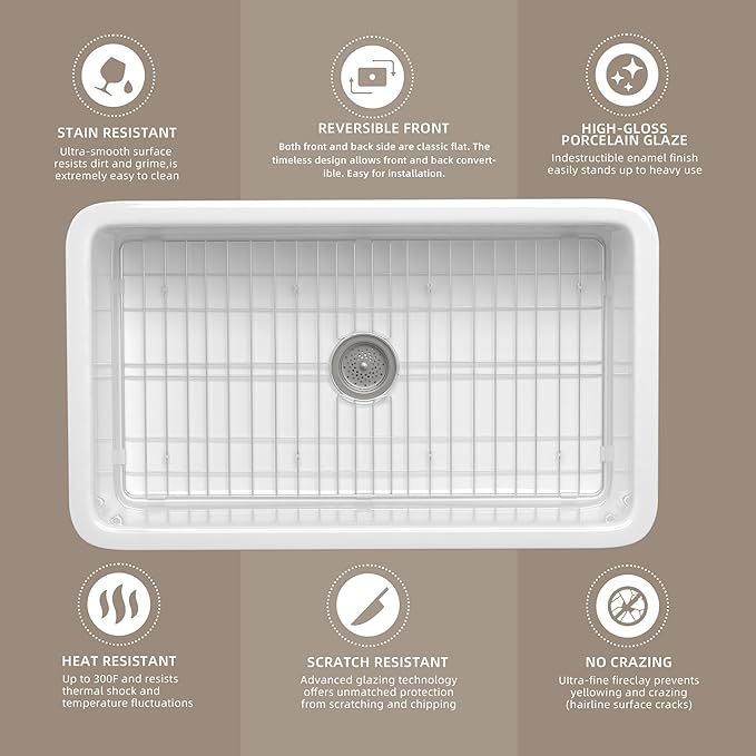 TUKTUK White Undermount Kitchen Sink 27 Inch Fireclay Drop-in Deep & Modern Farm Sink Large Single Bowl Topmount Accessory Kit Included