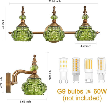 Vintage 3-Light Bathroom Vanity Light Fixtures, Modern Brass Vanity Wall Sconces Over Mirror with Green Glass Shade for Bathroom Bedroom Living Room