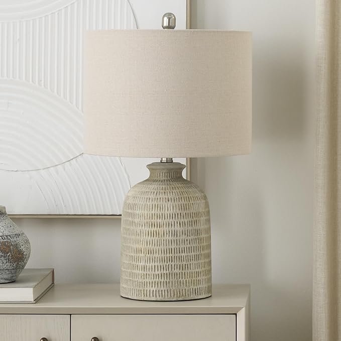Nourison Home 24" Eggshell (Beige) Textured Honeycomb Cottage Farmhouse Table Lamp for Bedside Table, Living Room, Dining, Entryway