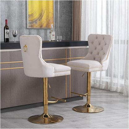 Thick Golden Swivel Velvet Barstools Adjusatble Seat Height from 27-35 Inch, Modern Upholstered Bar Stools with Backs Comfortable Tufted for Home Pub and Kitchen Island