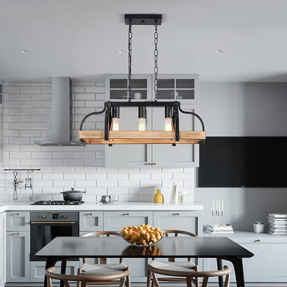 WUZUPS 3-Light Metal Pot Hanging Rack Chandelier Imitation Light Wood Grain Linear Pendant Ceiling Lighting Rustic Farmhouse Fixture Kitchen Island Dining Room, H 9.8" L 24.8" W11.8, E26 Base, Black