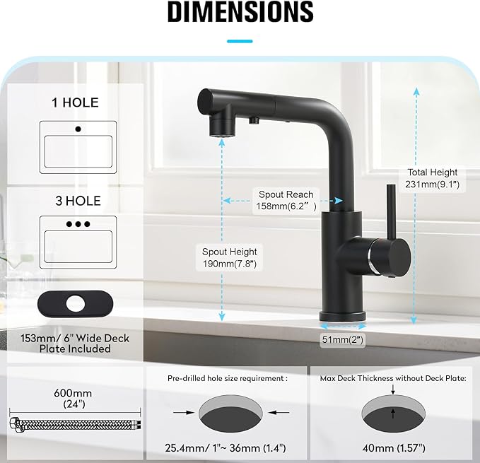 CREA Black Kitchen Faucet with Pull Down Sprayer,Bathroom Sink Faucet, Mini Bar Prep Faucet,Single Handle,3 or 1 Hole,Utility Faucet,Outdoor Tap