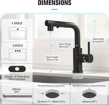CREA Black Kitchen Faucet with Pull Down Sprayer,Bathroom Sink Faucet, Mini Bar Prep Faucet,Single Handle,3 or 1 Hole,Utility Faucet,Outdoor Tap