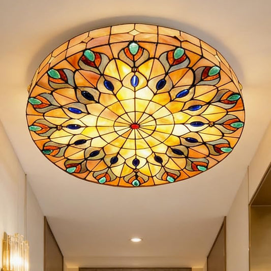 20" Vintage Stained Glass Ceiling Light, 4-Light Stained Glass Flush Mount Light Fixture, Chandelier Ceiling Pandent Lamp for Farmhouse Kitchen Island (Retro)