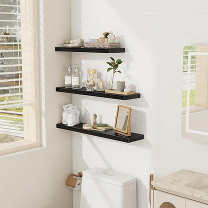 Fun Memories 30 Inch Floating Shelves Set of 3, Farmhouse Black Wall Shelves for Kitchen, Living Room, Wall Mounted Bathroom Shelves in Black, 30 x 6.7 x1.4 Inch