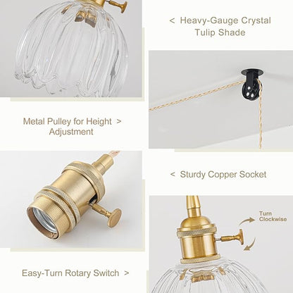 Plug in Pendant Light Fixtures, Hanging Light Fixture Vintage Glass Pendant Light, Mini Transparent Tulip Hanging Lamp, Pendant Lighting for Kitchen Island, Bedroom, Dining Room, Living Room