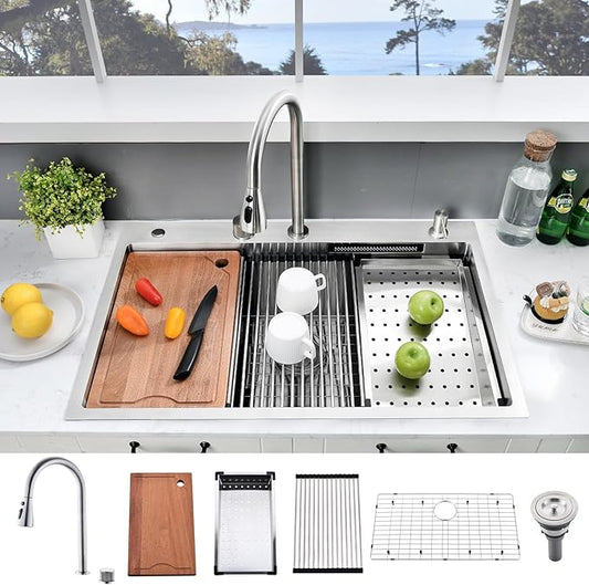 33x22 Waterfall Kitchen Sink with Faucet Combo - 33x22 Drop In Kitchen Sink and Faucet Combo Set,16 Gauge Stainless Steel Waterfall Sink, 10" Deep Single Bowl Workstation Sinks with Accessories
