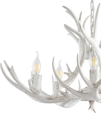 JONATHAN Y 30" White Rustic Resin Antler 5-Light LED Chandelier, Farmhouse Faux Deer Horn Hanging Ceiling Light for Dining Room, Kitchen Island, Adjustable Light Fixture (JYL6300B)