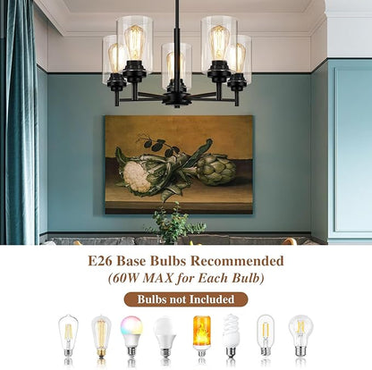 Sucolite 19.8'' 5-Light Chandelier for Dining Room Kitchen Island, Modern Farmhouse Pendant Lighting with Glass Shades Industrial Black Hanging Ceiling Light Fixture for Living Room, Height Adjustable