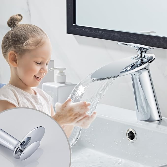 Wovier Chrome Waterfall Bathroom Sink Faucet,Single Handle Single Hole Brass Lavatory Vanity Faucet,Slanted Body Basin Mixer Tap with Supply Hose and Pop Up Drain Assembly