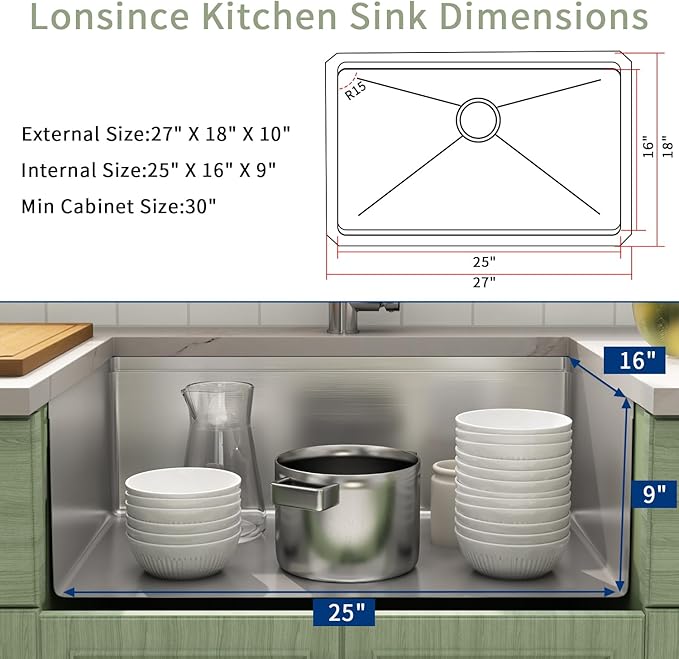 Undermount Kitchen Sink 27 inch,16 Gauge Stainless Steel Workstation Sink,Deep and Large Single Bowl Kitchen Sinks (27" X 18")