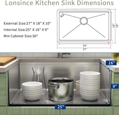 Undermount Kitchen Sink 27 inch,16 Gauge Stainless Steel Workstation Sink,Deep and Large Single Bowl Kitchen Sinks (27" X 18")