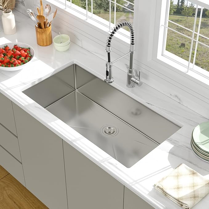 36 Undermount Kitchen Sink - Beslend 36x19 Inch Undermount Stainless Steel Kitchen Sink 16 Gauge Single Bowl Round Corner Single Dish Basin Under Counter Basin, Sink Only