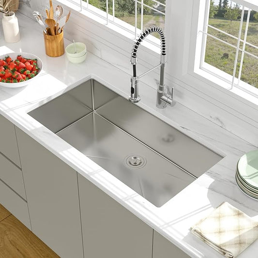 36 Undermount Kitchen Sink - Beslend 36x19 Inch Undermount Stainless Steel Kitchen Sink 16 Gauge Single Bowl Round Corner Single Dish Basin Under Counter Basin, Sink Only
