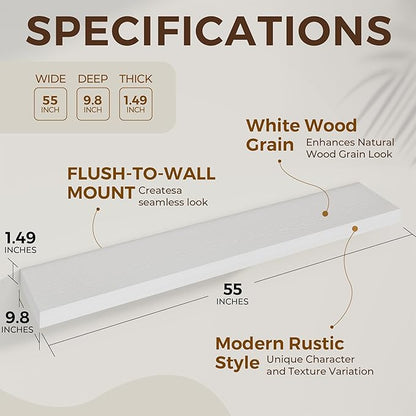 Dreamland 55 Inches Floating Shelves for Wall, 9.8" Deep Long Floating Shelves Set of 1, Large Display & Storage Shelf, Wall Shelf for Bathroom Bedroom Living Room Kitchen Office, White