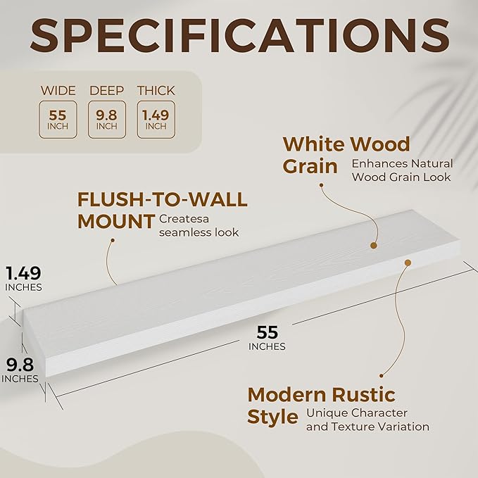 Dreamland 55 Inches Floating Shelves for Wall, 9.8" Deep Long Floating Shelves Set of 2, Large Display & Storage Shelf, Wall Shelf for Bathroom Bedroom Living Room Kitchen Office, White