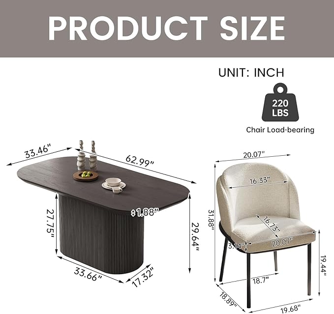 Miuuod 62.99" Oval Dining Table Set for 6-8, Modern Farmhouse Kitchen Table with 4 Ergonomic Chairs, Large Wood Dining Room Table Set, Kitchen & Dining Furniture, Dark Grey