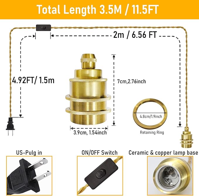 Plug in Pendant Light Kit with Switch, 11.5ft Gold Hanging Light Cord, E26 Metal Ceramic Socket, Industrial Plug-in Lights Fixture for Living Room Bedroom