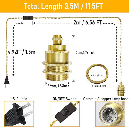 Plug in Pendant Light Kit with Switch, 11.5ft Gold Hanging Light Cord, E26 Metal Ceramic Socket, Industrial Plug-in Lights Fixture for Living Room Bedroom