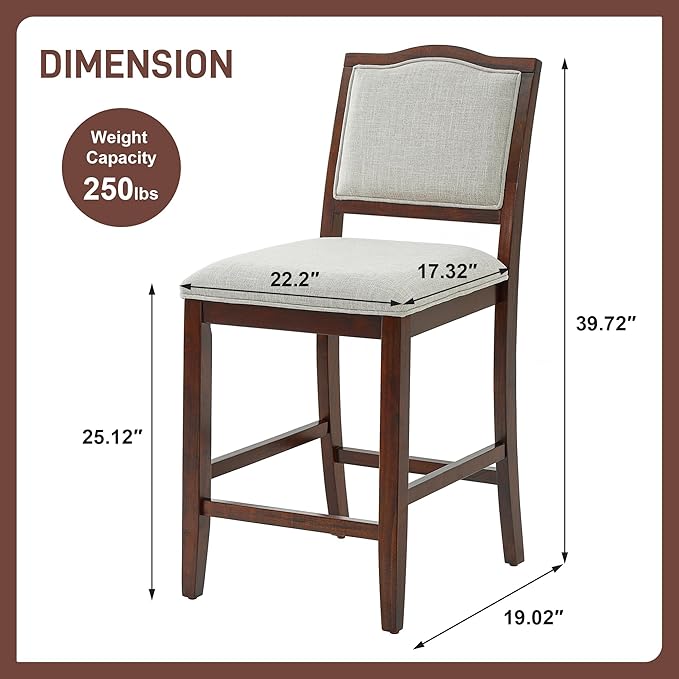 Counter Height Bar Stools Set of 2 Rustic 2 Pack Bar Stools with Rubber Wood Frame, Ergonomic Backrest, for Kitchen Island, Dining Room, Cherry