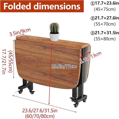 Drop Leaf Kitchen Dining Table with Wheels, Solid Wooden Foldable Kitchen Table, Multifunction Expandable Folding Table for Small Spaces Kitchen, Bedroom, Living Room, Brown, Seats 4-8 People, Stable(