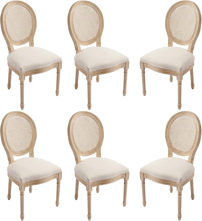 French Country Dining Chairs Set of 6, Upholstered Rattan Dining Chair with Round Backrest, Farmhouse Vintage Dining Chairs for Living Room, Kitchen, Restaurant (Beige-Rattan, Set of 6)