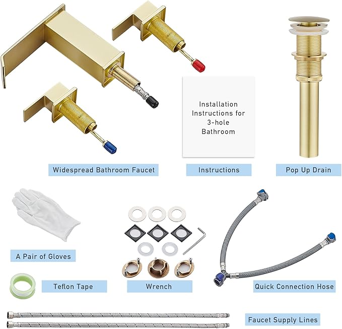 AVSIILE Waterfall Bathroom Faucet 3 Hole, Brushed Gold 8 Inch Widespread Modern 3 Piece Bathroom Sink Faucets & Parts, Touch On Lavatory Faucet for Bathroom Vanity