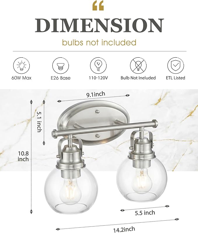Bathroom Light Fixtures, 2-Light 14" Brushed Nickel Vanity Lights with Clear Globe Glass Shades, Farmhouse Vintage Vanity Lighting Fixtures Over Mirror, E26 Base, AD-2147-2W-SN