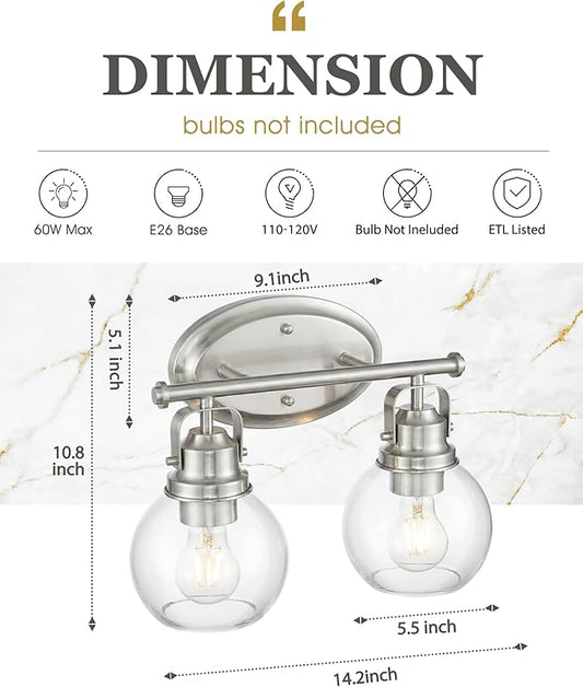 Bathroom Light Fixtures, 2-Light 14" Brushed Nickel Vanity Lights with Clear Globe Glass Shades, Farmhouse Vintage Vanity Lighting Fixtures Over Mirror, E26 Base, AD-2147-2W-SN