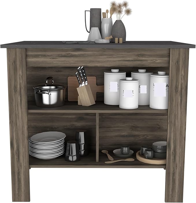 Kitchen Island Kitchen Table 35" H Four Legs with 3 Open Storage Shelves Wide Top for Meal Prep Spacious Leg Room Practical(Black Gray)