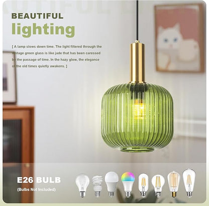 Plug in Glass Pendant Light 1-Light Gold Industrial Light with 14.7FT Black Cord Mid-Century Modern Pendant Lamp for Kitchen Sink Living Room Bedroom, Indoor Green Glass Lamp