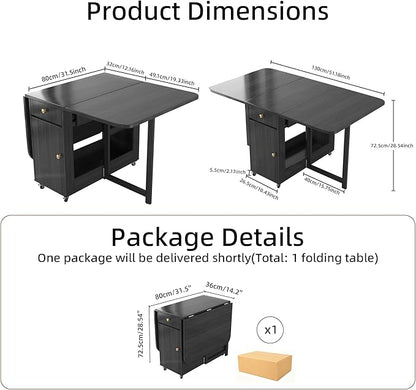 Small Folding Dining Table - 51" Fully Assembled Drop Leaf Table 4-6 Seater with Storage and Lockable Wheels, Space-Saving for Kitchen or Dining Room (Black)