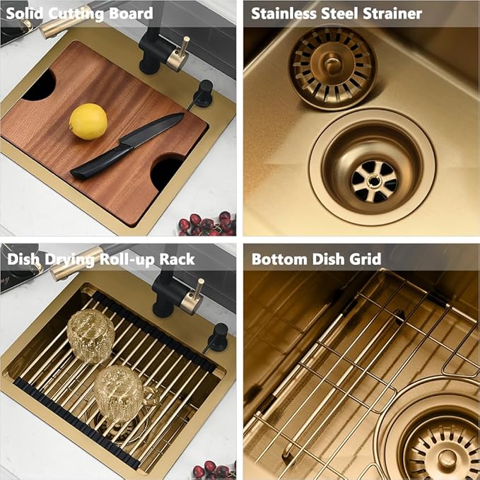 15 Inch Gold Bar Sink Drop In-VASOYO 15x15 Small Kitchen Sink Drop In Bar Sinks Wet Prep 16 Gauge Gold Stainless Steel Outdoor Rv sinks Single Bowl Deep Kitchen Basin with Cutting Board