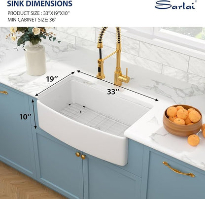 Sarlai 33 White Farmhouse Kitchen Sink Curved Apron - 33 Inch Apron Front Kitchen Sinks White Ceramic 33x19 Single Bowl Porcelain Vitreous Fireclay Farm Sink Basin
