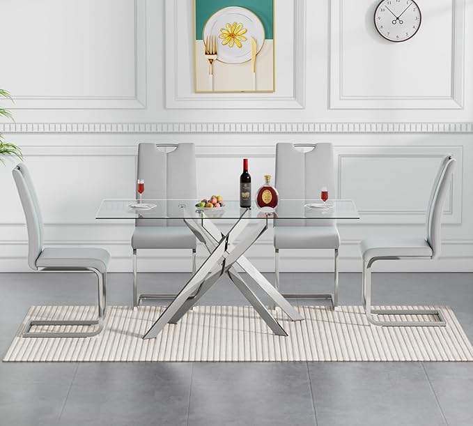 51.2'' Glass Dining Table for 4, Rectangular Dining Room Table for 4, X-Shape Silver Metal Legs, Kitchen Dining Room Living Room Glass Top Kitchen Table for 2