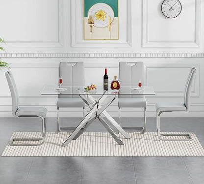 51.2'' Glass Dining Table for 4, Rectangular Dining Room Table for 4, X-Shape Silver Metal Legs, Kitchen Dining Room Living Room Glass Top Kitchen Table for 2