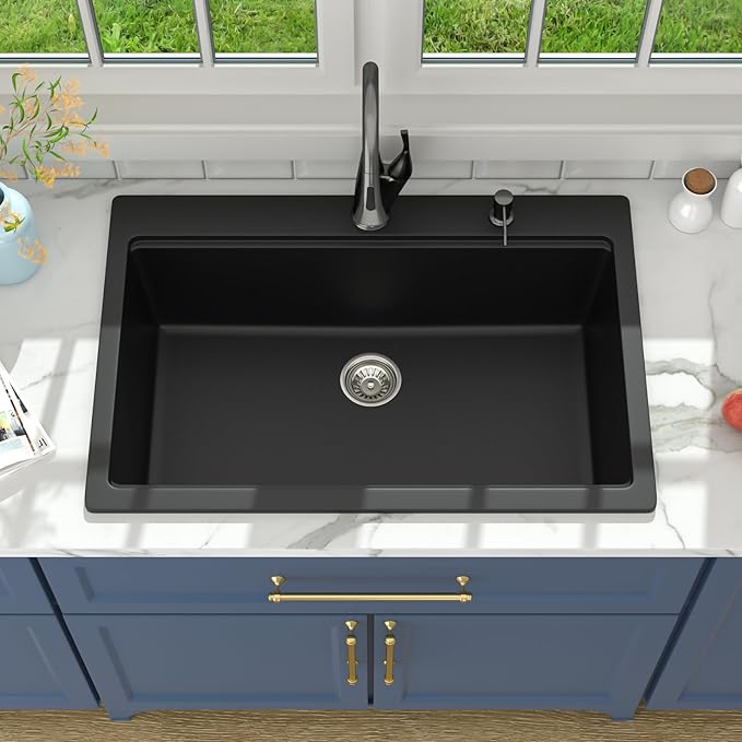 Lordear 33 Granite Composite Kitchen Sink Drop In Black Kitchen Sink 33x22 Workstation Topmount Sink Matte Black Quartz Above Counter Single Bowl Sink Basin