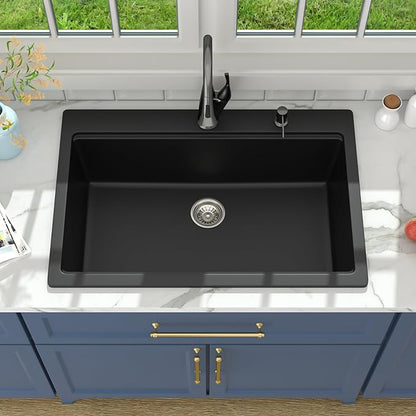 Lordear 33 Granite Composite Kitchen Sink Drop In Black Kitchen Sink 33x22 Workstation Topmount Sink Matte Black Quartz Above Counter Single Bowl Sink Basin