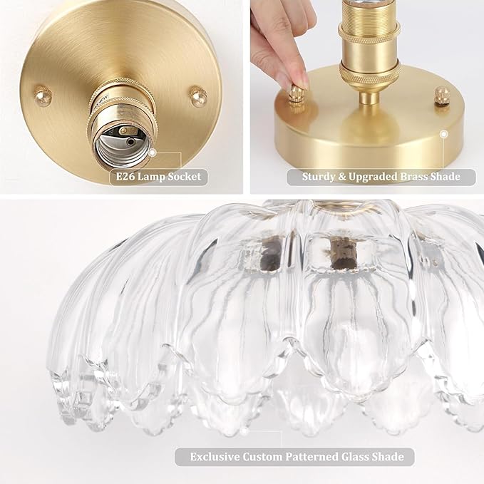 Shenmoyl Semi Flush Mount Gold Hallway Lights Fixture with Clear Scindapsus Glass, Bulb Included, 4.72" Base Vintage Ceiling Light for Porch, Kitchen, Bedroom