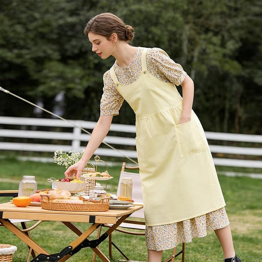 Cityelf Vintage Pinafore Apron Dress Snap Adjust Linen Cotton with Pockets Floral Aprons for Cooking Gardening