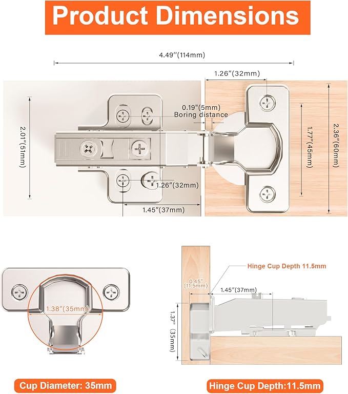 Kimdot 2-Pack High-Performance Frameless Full Overlay Soft Close Cabinet Hinges, Clip-On Self-Closing European Hinges, Cabinet Door Hinges with Screws,Concealed Kitchen Hinges for Modern funiture