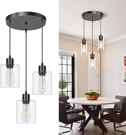 CANMEIJIA 3-Light Pendant Light Fixtures Black Glass Pendant Lights Kitchen Island, Industrial Hanging Pendant Lighting for Dining Room Bedroom, Modern Ceiling Lamp E26 Base, Bulbs Not Included