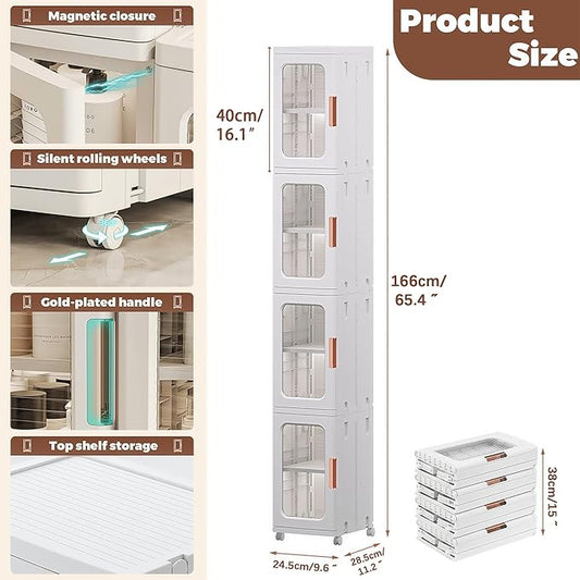 Tall Narrow Storage Cabinet with Movable Wheels, Adjustable Shelves & Magnetic Doors – Foldable Slim Plastic Organizer for Bathroom, Kitchen, Laundry, Ideal for Small Spaces(4-Tier,White)