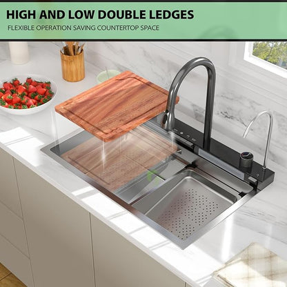30 Inch Waterfall Kitchen Sink - Beslend 30x19 Drop In Waterfall Sink Workstation Smart Sinks 16 Gauge Stainless Steel Single Bowl Basin with Faucet Combo