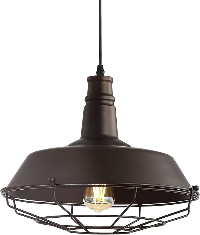 JONATHAN Y 14.25" Oil Rubbed Bronze 1-Light Iron Pendant Light, Adjustable Height Farmhouse Industrial Metal Cage Fixture for Kitchen Island Dining Room, LED Bulb Included JYL9533A