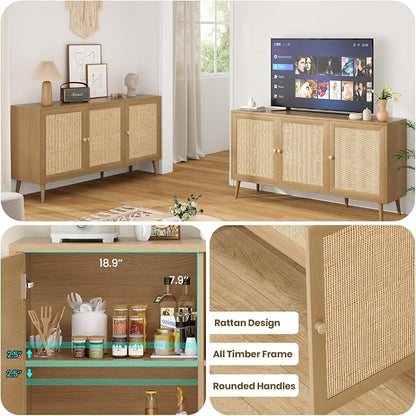 FONTOI Rattan Entryway Table, Entertainment Center with Adjustable Shelf, Sideboard Buffet Cabinet with 3 Rattan Doors, Modern Console Cabinet with Large Storage for Living Room, Kitchen, Brown