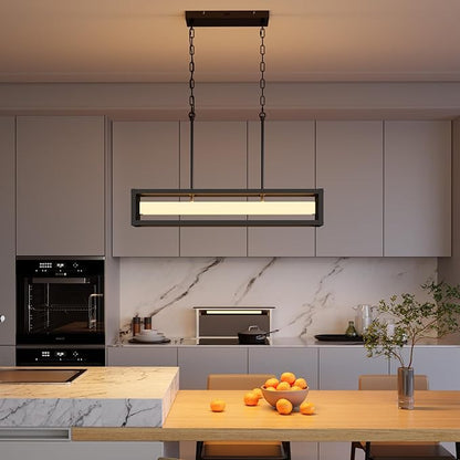 31.5" Farmhouse Kitchen Island Lighting, Black Rectangular Chandeliers for Dining Room Light Fixture, 30W LED Dimmable Linear Pendant Light for Kitchen Island Over Table with Remote