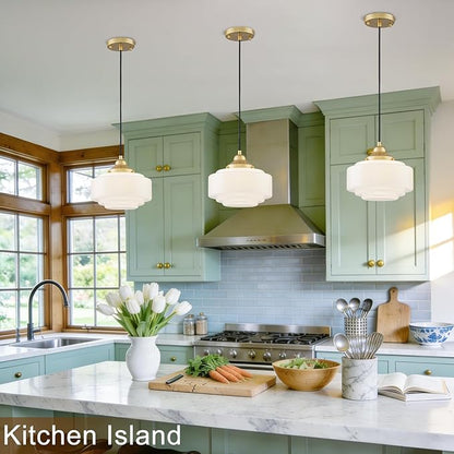 Milk Glass Pendant Light 9.84" Vintage Schoolhouse Chandelier Gold Mid Century Modern Pendant Lighting Fixture for Kitchen Island Dining Room Living Room Hallway, Adjustable Height (E26)