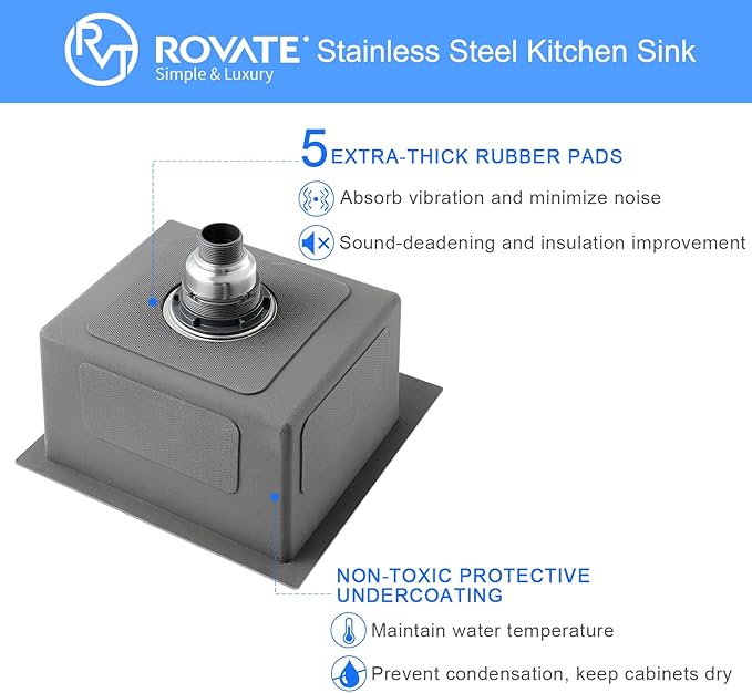 ROVATE 15 x 15 x 8 inch Drop in Bar Sink, Small Top-mount Kitchen Sink Single Bowl, Overmount Handmade 304 Stainless Steel Bar Sinks with Basket Strainer