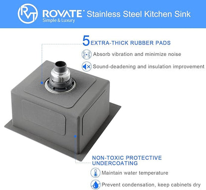 ROVATE 15 x 15 x 8 inch Drop in Bar Sink, Small Top-mount Kitchen Sink Single Bowl, Overmount Handmade 304 Stainless Steel Bar Sinks with Basket Strainer